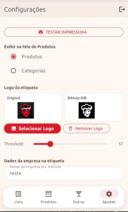 Tela de configuracoes do EtiquetaChef