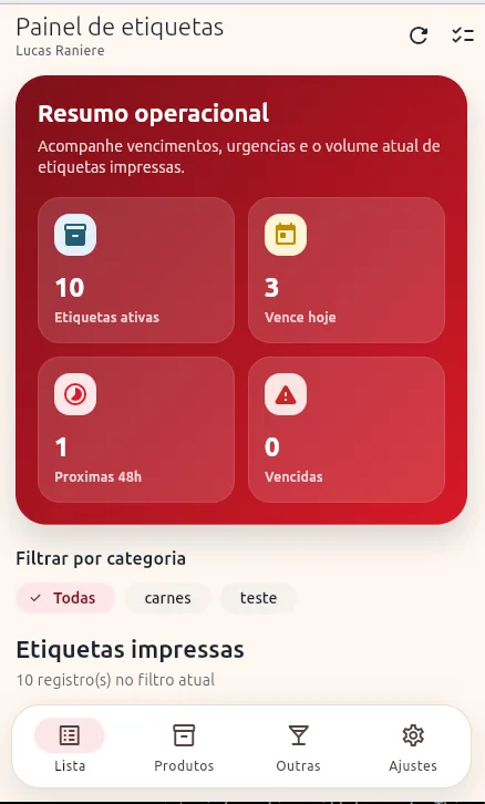 Painel de etiquetas com resumo operacional do EtiquetaChef