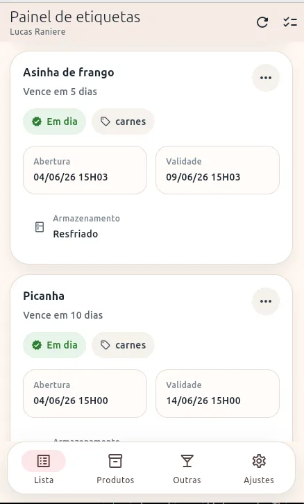 Tela de etiquetas impressas do EtiquetaChef
