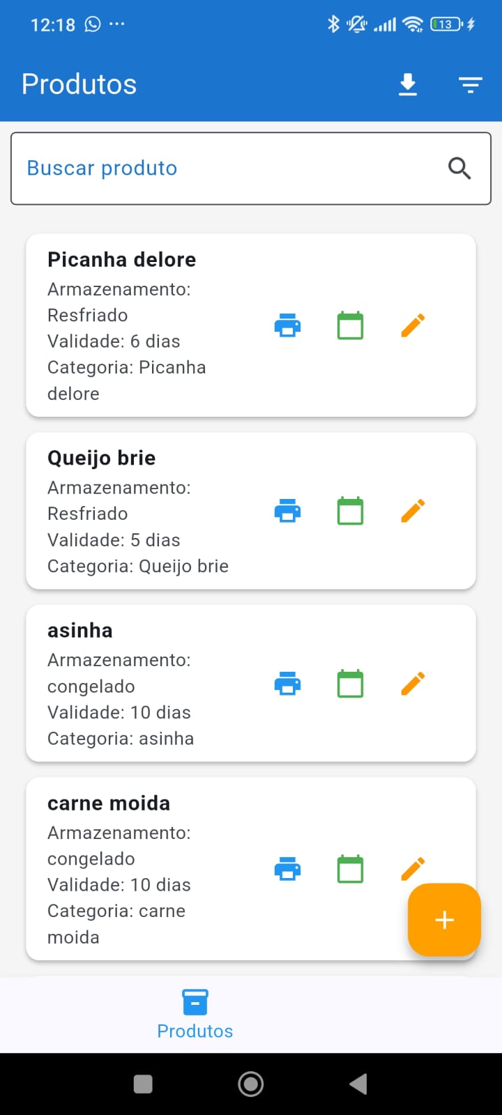 Tela de produtos do app