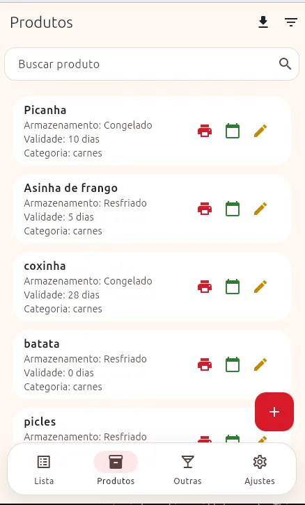 Tela de produtos do EtiquetaChef