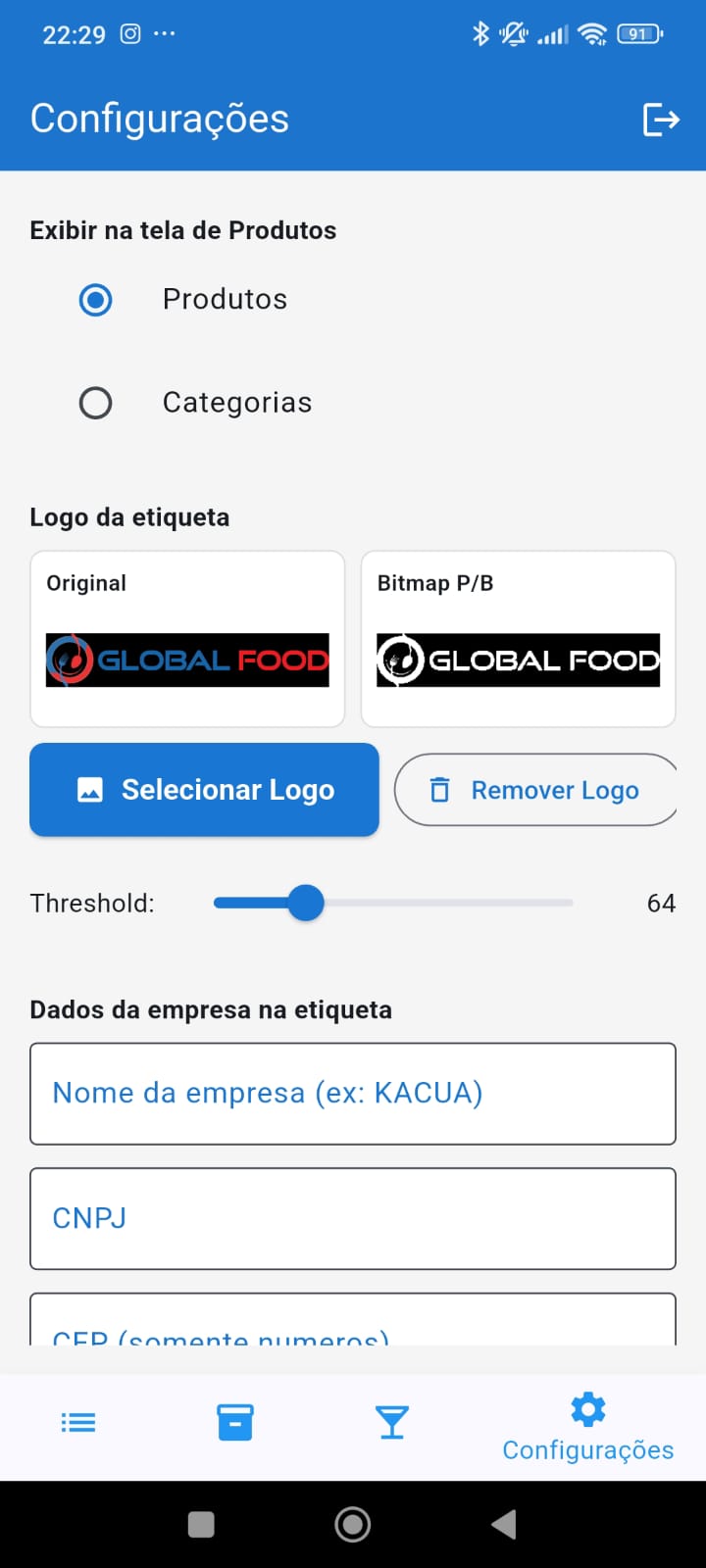 Tela de configuracoes do EtiquetaChef