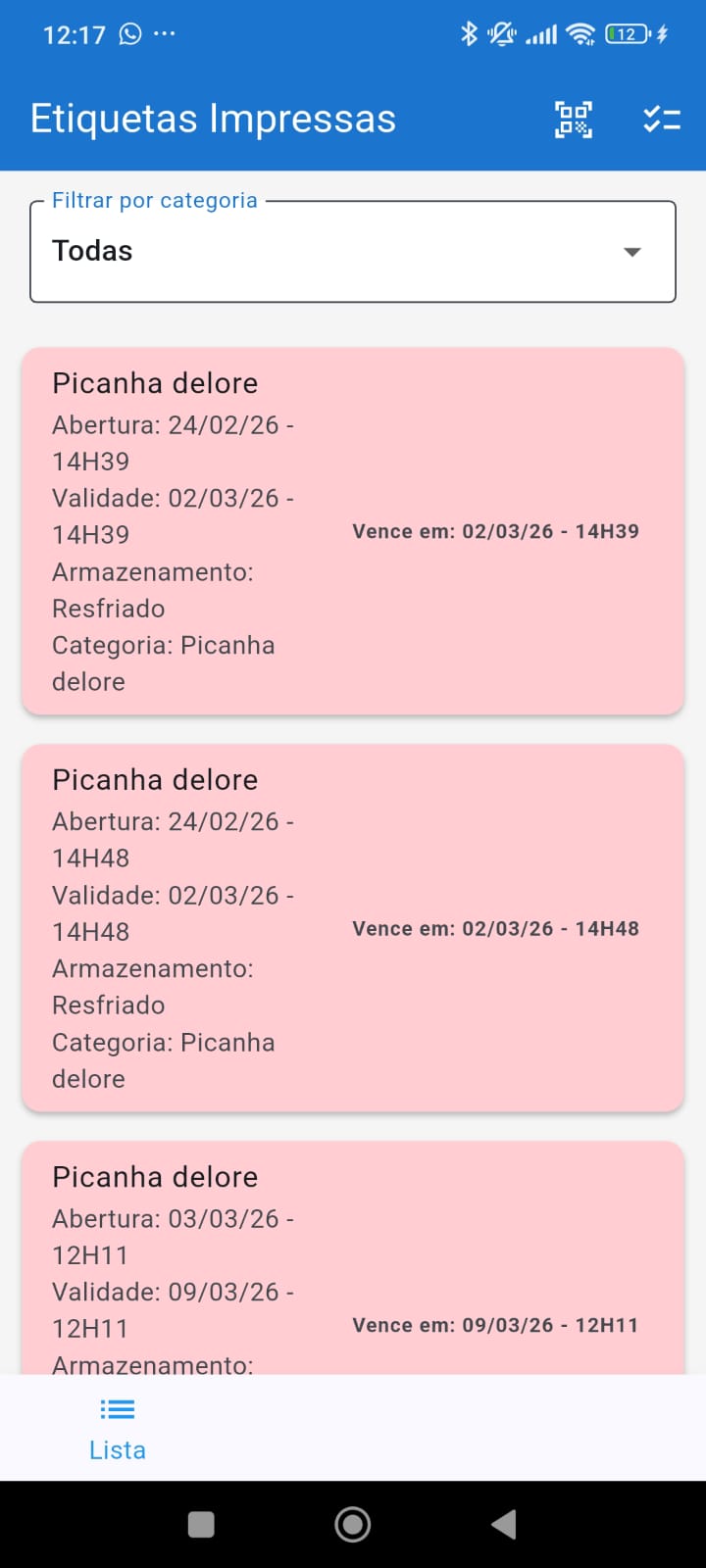 Tela de etiquetas impressas no app
